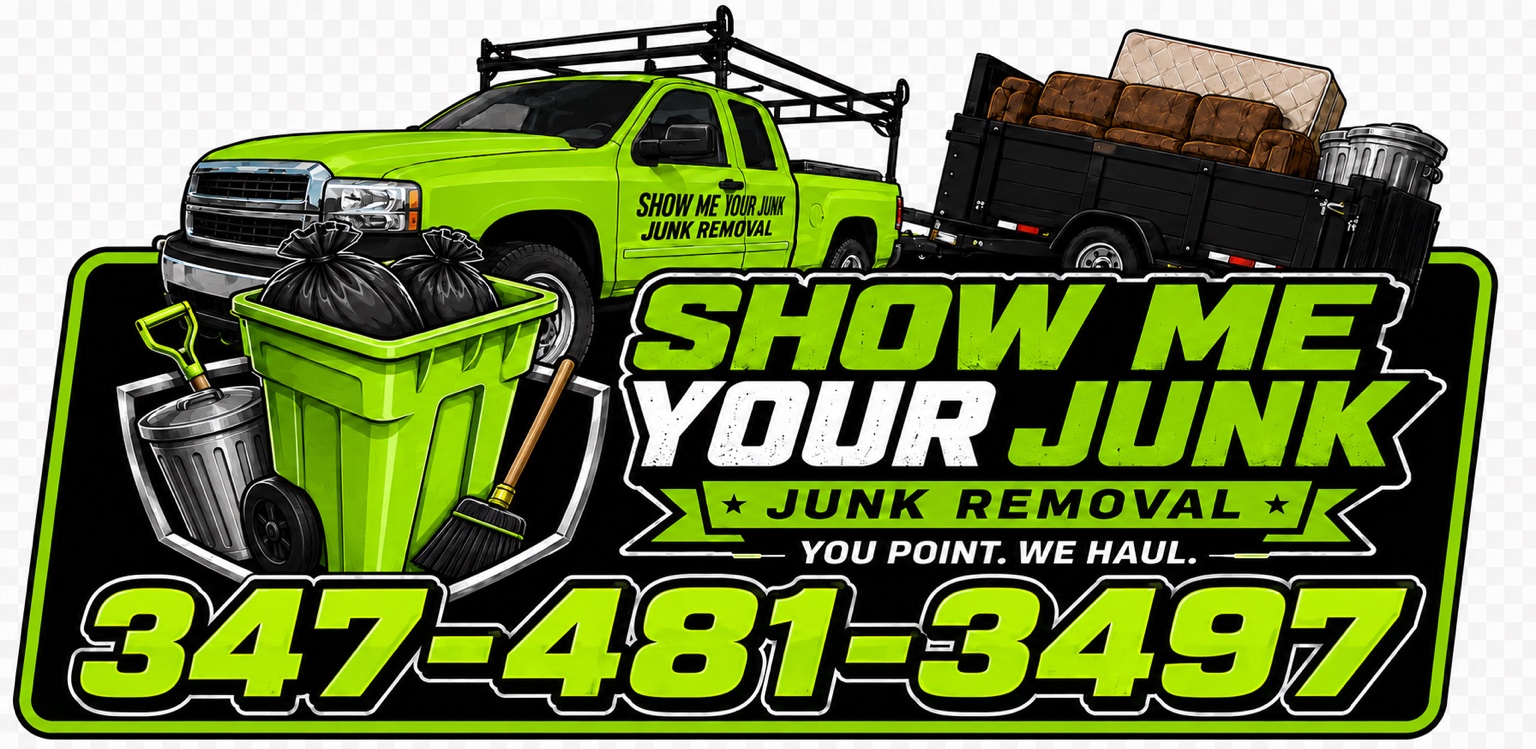 Show Me Your Junk removal and hauling logo with green pickup truck and trailer